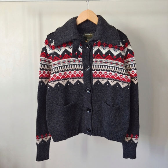 Eddie Bauer Merino Wool Gray Cardigan Size Large Fair Isle - Picture 1 of 11